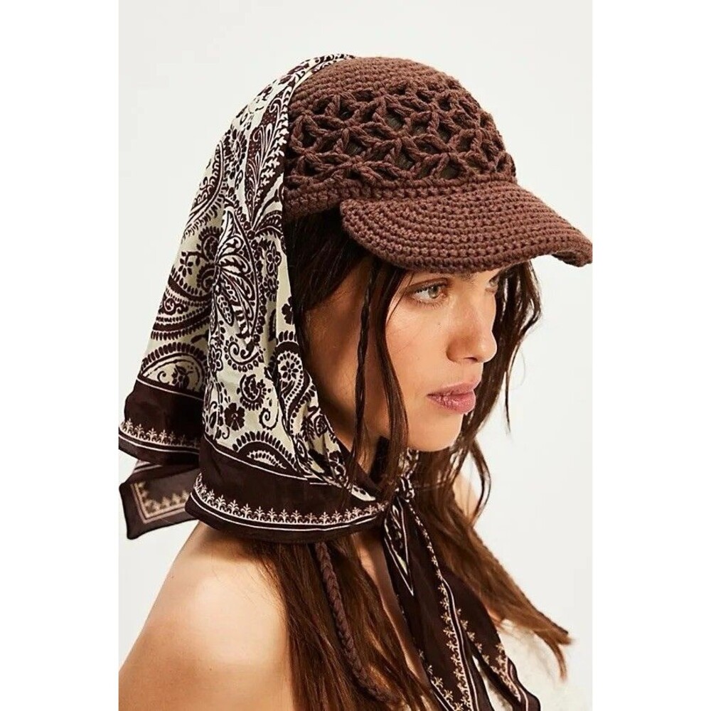 Free People Silvie Crochet Chocolate Brown Baseball Hat Cap Cotton Womens OS NWT